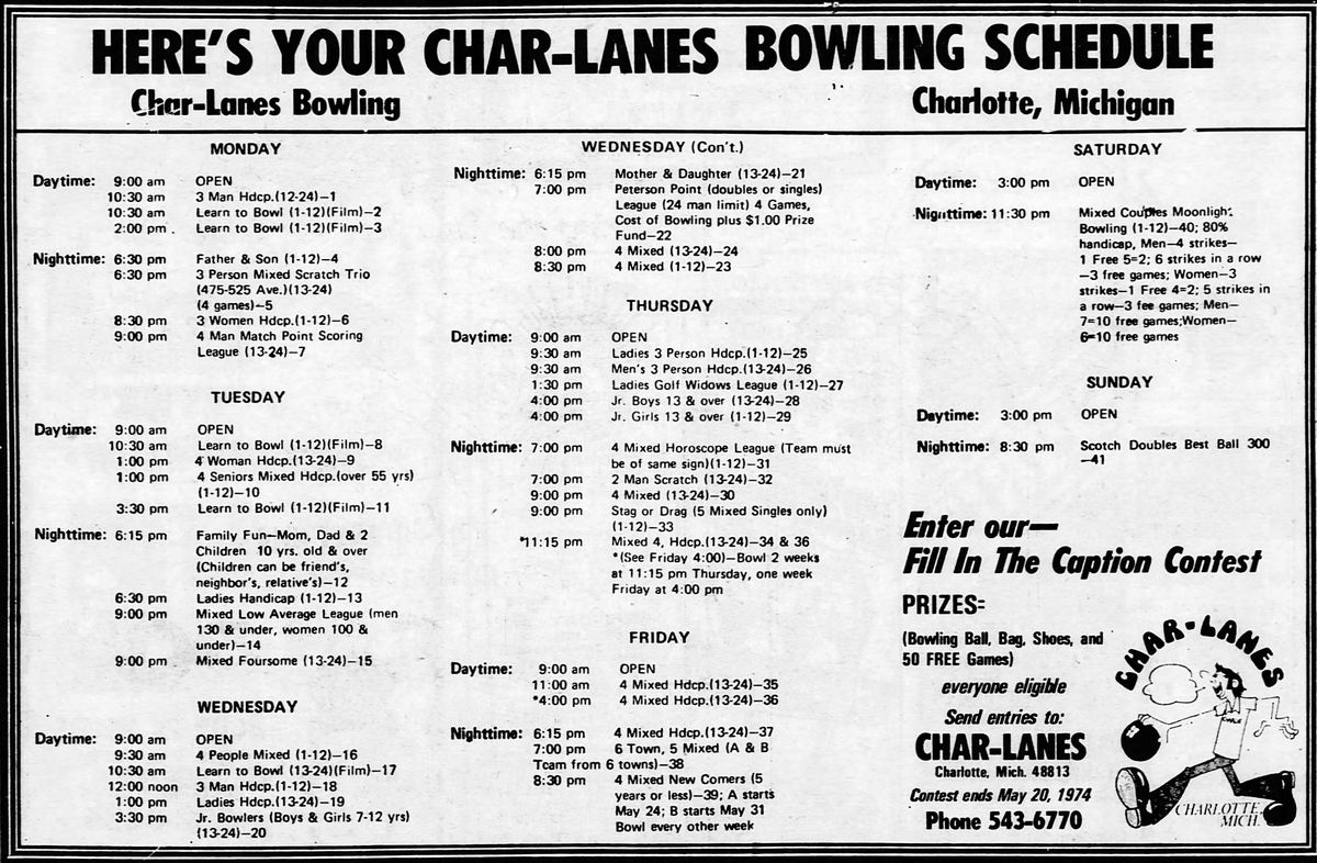 Char Lanes - March 1974 Schedule (newer photo)